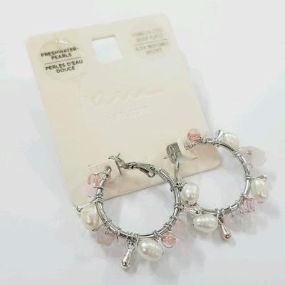 گوشواره قفلی استیل کار شده با سنگ کوارتز اصل و مروارید آب شیرین اصل