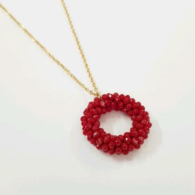 گردنبند استیل طلایی آویز منجوق قرمز اناری ، کار فوق العاده زیبا