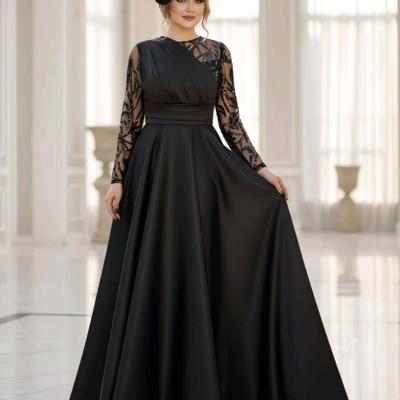 پیراهن مجلسی شب زنانه ساتن امریکایی باتورملیله ومنجوق دوزی مدل روژین-159433
