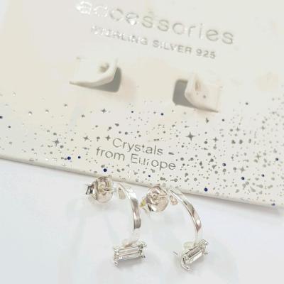 گوشواره حلقه جنس نقره استرلینگ عیار 925 ، نگین سواروسکی باگتی