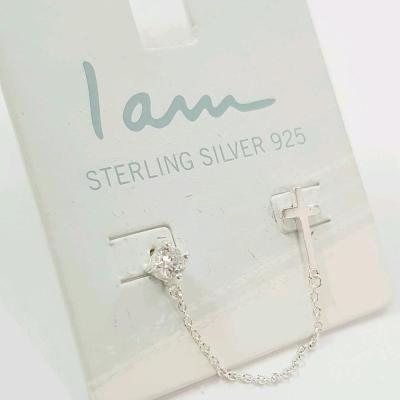 گوشواره نقره عیار 925 طرح صلیب ، زنجیردار ، بسیار درخشان و زیبا