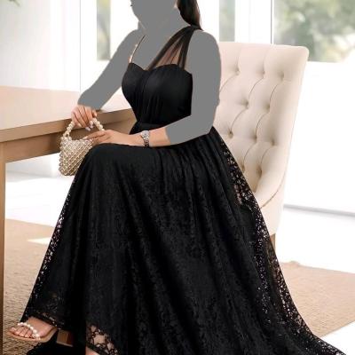 پیراهن مجلسی دخترانه و زنانه دانتل برجسته و کرپ تاسایز50 مدل ماه