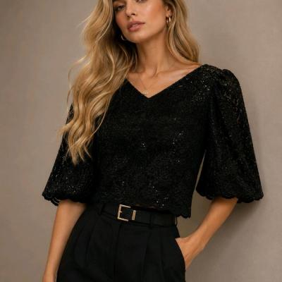 شومیز کراپ مشکی مجلسی گیپور آستین کوتاه