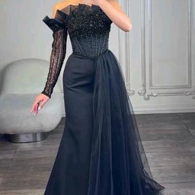 پیراهن شب مجلسی کرپ مازراتی و سنگدوزی مدل ملورین تک آستین از سایز36ت