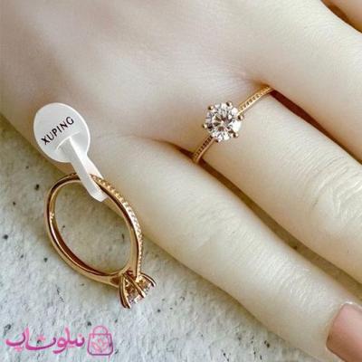 انگشتر زنانه ژوپینگ طرحدار طلایی مدل سولیتر نگین سفید کد 2491