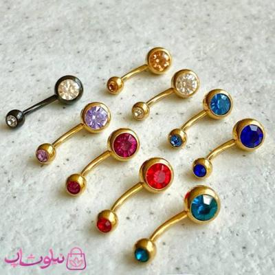 پیرسینگ ناف طلایی استیل نگین رنگی کد 1491