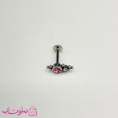 پیرسینگ گوش نقره ای رنگ مدل نگین صورتی کد 159