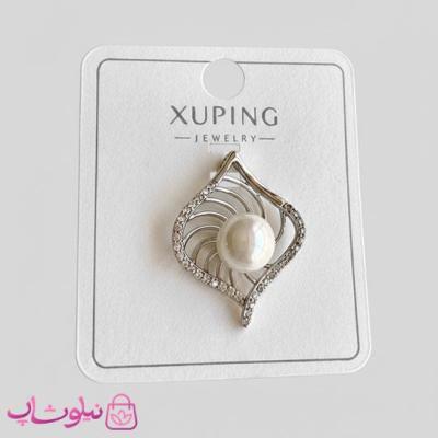 پلاک زنانه ژوپینگ نقره ای رنگ طرح مروارید سفید کد 1891
