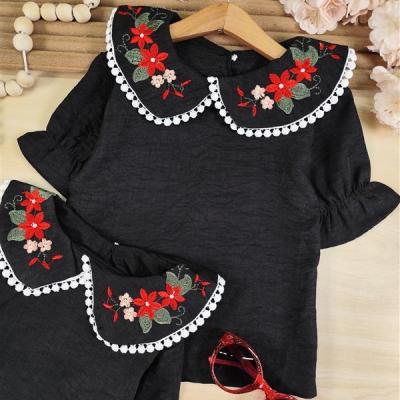 شومیز تک دخترانه مشکی گلدوزی های قرمز مناسب 1 تا 7 سال