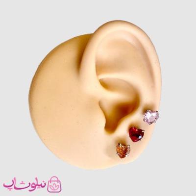 پیرسینگ گوش پایه نقره ای مدل قلب نگین رنگی کد 599