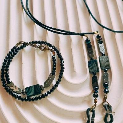 ست بند عینک و دستبند دو ردیفه مشکی و دودی