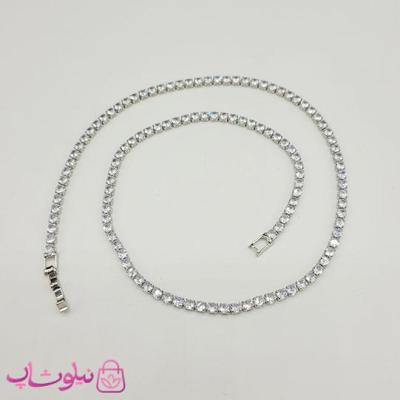 گردنبند دخترانه تنیسی نقره ای رنگ نگین مربع سفید 45 سانت کد 2598