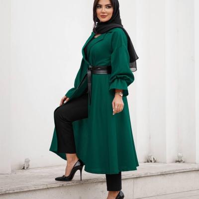 مانتو مجلسی کرپ مدل کلوش کمربند چرم دار