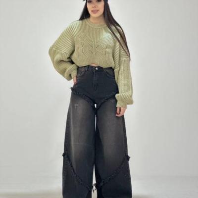 شلوار فول بگ زغالی ریش دار کمر ساده پارچه ترک