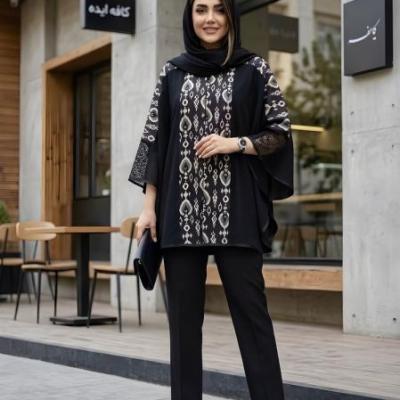 پانچ مجلسی زنانه با جنس شانتون مشکی و پنل طرحدار با قد 78 پرفروش