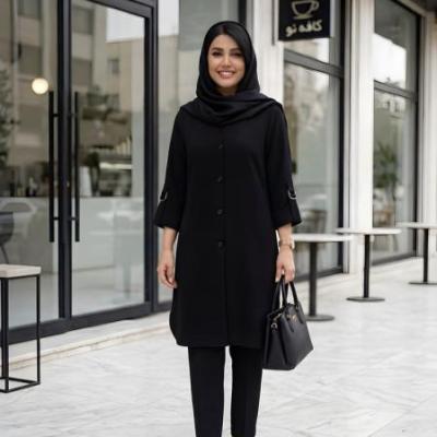 مانتو اداری سایز بزرگ زنانه با جنس شانتون اندونزی بدون چروک و قد 95