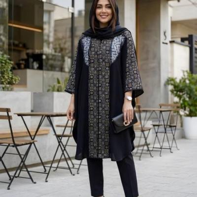 مانتو بلند زنانه با جنس شانتون و خرجکار لنین سنتی قد 110
