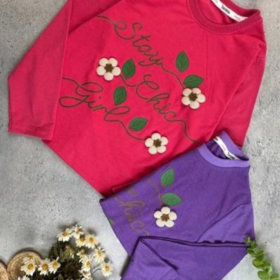 بلوز دخترانه نخی گل برجسته رنگ بندی