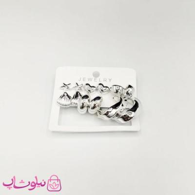 پک گوشواره پینترستی نقره ای مدل حلقه صدف قلب (شش جفت) کد 200