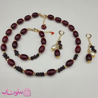 ست زنانه دستساز برند N&SH مدل سنگهای زرشکی و مشکی کد 550