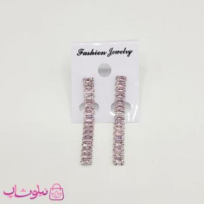 گوشواره زنانه مدل تنیسی نقره ای رنگ با نگین باگتی صورتی کد 190